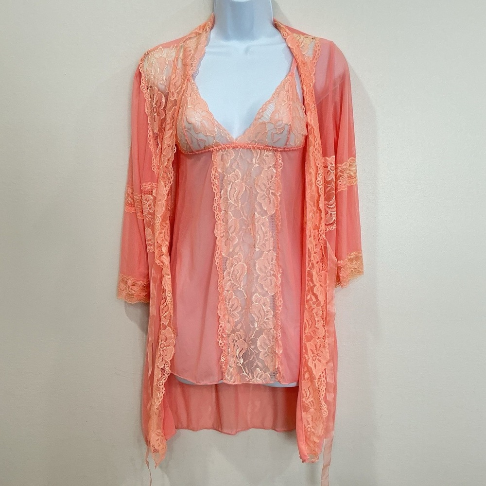 Shirley Of Hollywood Peach Lace Intimate Peignoir Robe 2 Piece Set Size Small
